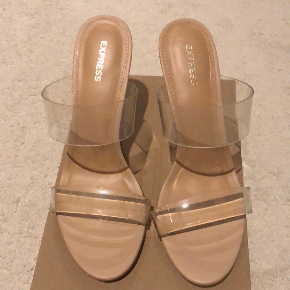 Clear open toe strapped stiletto. Brand New.